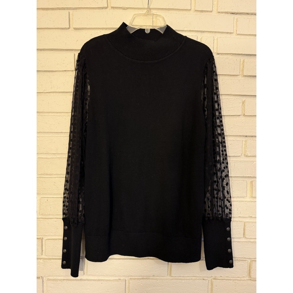 Talbots Sz XL Black Mock Neck Sweater-Sheer Polka Dot Sleeves NWT NEW